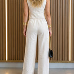 Women's Two Piece Outfits Faux Two Piece Sleeveless Crop Top and High Waisted Wide Leg Pants Elegant Matching Suit