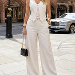 Women's Two Piece Outfits Faux Two Piece Sleeveless Crop Top and High Waisted Wide Leg Pants Elegant Matching Suit