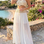 Women's Floral Crochet Two Piece Outfit Tube Top and Drawstring Sheer Maxi Skirt Set with Shorts