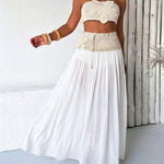 Women's Floral Crochet Two Piece Outfit Tube Top and Drawstring Sheer Maxi Skirt Set with Shorts
