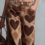 Retro Casual Heart Pattern Versatile Light Brown Denim Pants