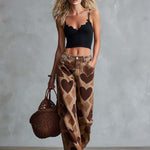 Retro Casual Heart Pattern Versatile Light Brown Denim Pants