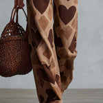 Retro Casual Heart Pattern Versatile Light Brown Denim Pants