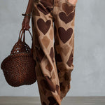 Retro Casual Heart Pattern Versatile Light Brown Denim Pants