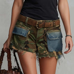 Vintage-style Olive Green Camouflage Denim Workwear Shorts