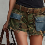 Vintage-style Olive Green Camouflage Denim Workwear Shorts