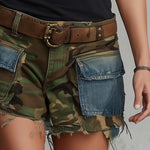 Vintage-style Olive Green Camouflage Denim Workwear Shorts