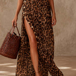Retro Vacation Halter Neck Brown Leopard-print Chiffon Slit Maxi Dress