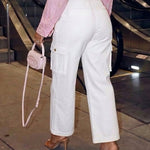 Women's Pockets Design Cargo Pants Casual High Waisted Trousers with Contrast Belt