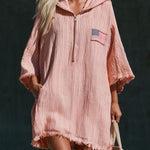 Vintage American Flag Embroidered Hooded Red And White Striped Cotton And Linen Mini Dress