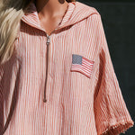 Vintage American Flag Embroidered Hooded Red And White Striped Cotton And Linen Mini Dress