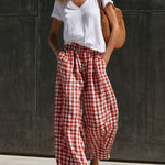 Casual Retro Short-sleeved T-shirt And Red And White Checkered Cotton Linen Pants Set