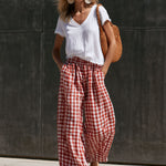 Casual Retro Short-sleeved T-shirt And Red And White Checkered Cotton Linen Pants Set