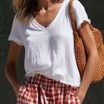 Casual Retro Short-sleeved T-shirt And Red And White Checkered Cotton Linen Pants Set