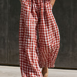 Casual Retro Short-sleeved T-shirt And Red And White Checkered Cotton Linen Pants Set