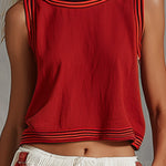 Casual-chic Striped Trim Red Cotton-linen Tank Top
