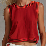 Casual-chic Striped Trim Red Cotton-linen Tank Top