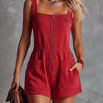 Retro Fashiona Sporty Square Neck Front Zipper Raspberry Red Cotton Jumpsuit
