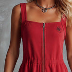 Retro Fashiona Sporty Square Neck Front Zipper Raspberry Red Cotton Jumpsuit