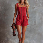 Retro Fashiona Sporty Square Neck Front Zipper Raspberry Red Cotton Jumpsuit