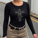 Women's Square Neck Long Sleeve Top Rhinestone Faith Letter Graphic Ribbed Knit Shirt Slim Fit Casual Sparkly Tee