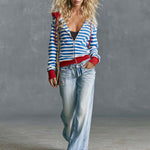 Retro Lazy Front Zip Striped Cotton Hoodie