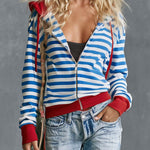 Retro Lazy Front Zip Striped Cotton Hoodie
