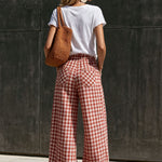 Casual Retro Red And White Gingham Cotton-Linen Trousers
