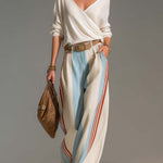 Retro Casual Ivory Surplice V-Neck Top And Blue Red Striped Wide-Leg Cotton-Linen Pants Set