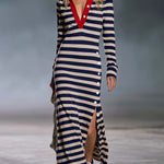 Retro Nautical Navy Striped Polo Collar Long-Sleeve Slit Maxi Dress