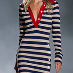 Retro Nautical Navy Striped Polo Collar Long-Sleeve Slit Maxi Dress