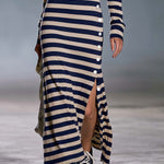 Retro Nautical Navy Striped Polo Collar Long-Sleeve Slit Maxi Dress