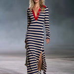 Retro Nautical Navy Striped Polo Collar Long-Sleeve Slit Maxi Dress