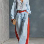 Stylish Casual Blue Striped Shirt And Color-Block Wide-Leg Pants Cotton-Linen Set