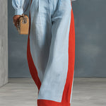 Stylish Casual Blue Striped Shirt And Color-Block Wide-Leg Pants Cotton-Linen Set