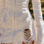 Retro-chic White Distressed Denim Collared Zip-up Long-sleeve Mini Dress