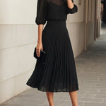 Black Chiffon Top And Pleated Midi Skirt Three Piece Set