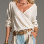 Retro Casual Versatile Ivory Surplice V-Neck Top