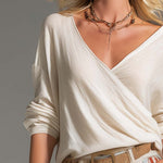 Retro Casual Versatile Ivory Surplice V-Neck Top