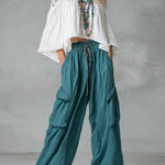 Vintage-style Boho White Shirt And Teal Utility Trousers Cotton-linen Set