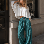Vintage-style Boho Teal Utility Cotton-linen Trousers