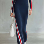 Retro Sporty Navy Striped Polo Half-Button Long-Sleeve Knit Maxi Dress