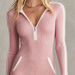 Retro Elegant Pink Collared Long-sleeved Knit Mini Dress