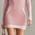 Retro Elegant Pink Collared Long-sleeved Knit Mini Dress