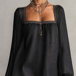 Black Rhinestone Trim Square Neck Lace Cuff Mini Dress