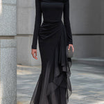 Black Draped Off Shoulder Cowl Neck Long Sleeve Chiffon Ruffle Mermaid Maxi Dress