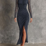 Boho Lace Sleeve Ruched Maxi Dress with Front Slit