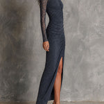 Boho Lace Sleeve Ruched Maxi Dress with Front Slit