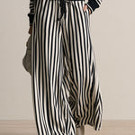 Retro Sporty Black And White Striped Cotton Cardigan And Pants Set