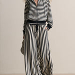 Retro Sporty Black And White Striped Cotton Cardigan And Pants Set